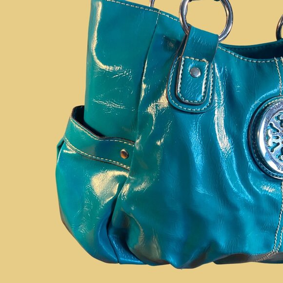 Turquoise Patent Vegan Leather Shoulder Bag With Embossed Medallion Design - Picture 3 of 11